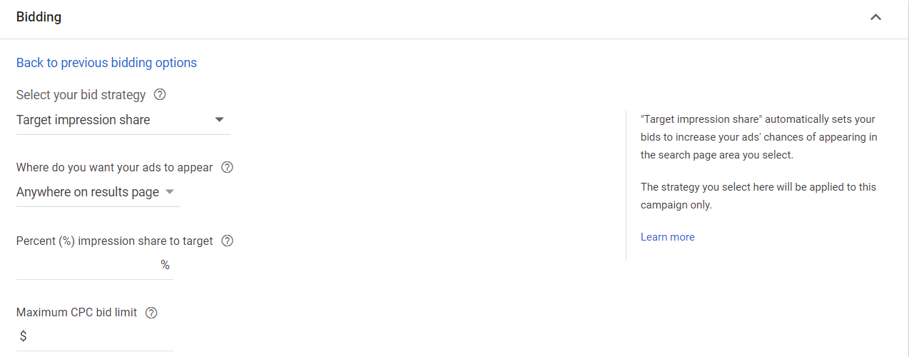 Google Ads Bidding Strategy Target Impression Share 