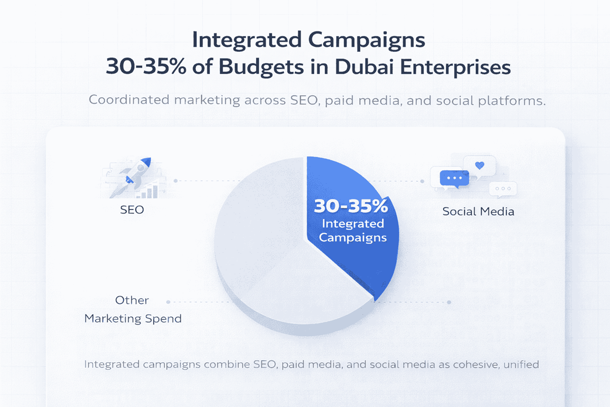 Infographic showing that integrated campaigns account for 30–35% of monthly digital marketing budgets in Dubai enterprises, using a clean blue-and-white pie chart with SEO, paid media, and social media as the main coordinated channels.