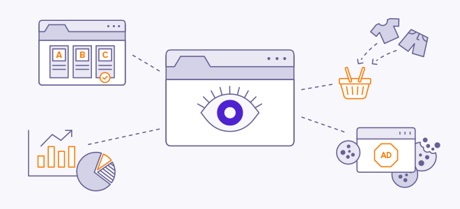 Illustration of web tracking showing a browser window with an eye icon connected to analytics charts, A/B testing, online shopping, and digital advertising.