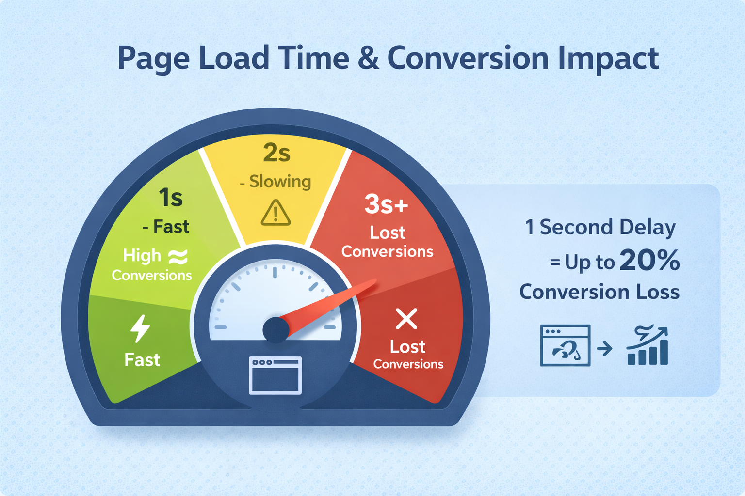 Page load time impact on conversions with speed gauge showing higher conversions at faster load times