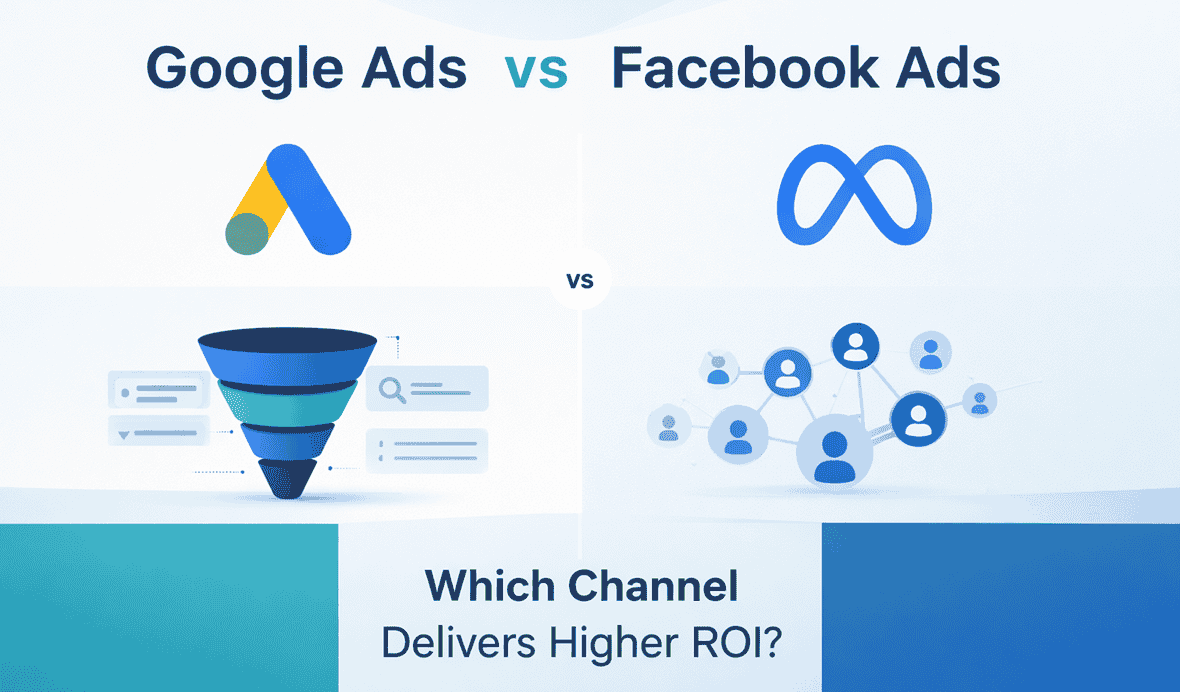 Google Ads vs Facebook Ads comparison graphic showing search intent and audience targeting channels