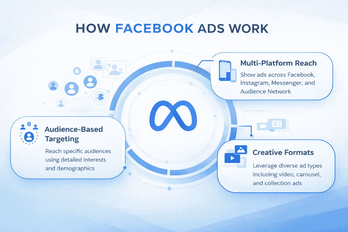How Facebook Ads Work infographic showing audience targeting, multi-platform ad delivery, and creative ad formats