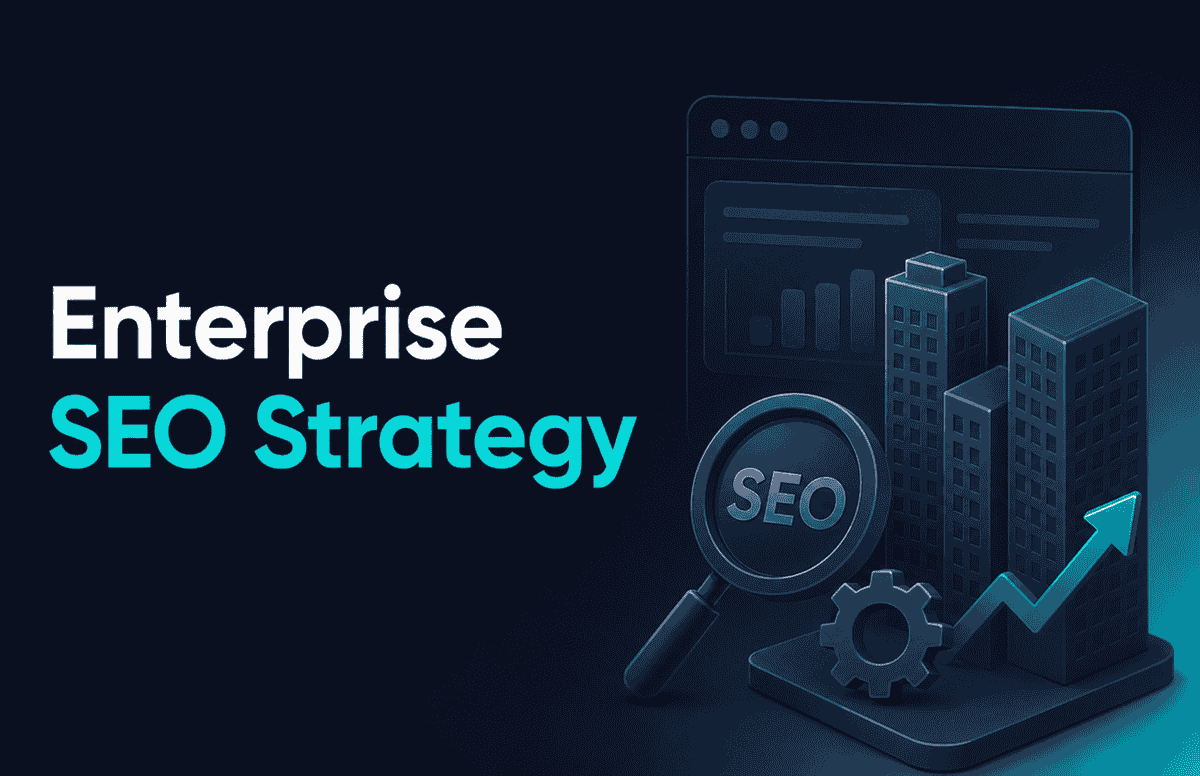 Enterprise SEO Strategy illustration featuring a magnifying glass, analytics dashboard, office buildings, gear icon, and upward growth arrow on a dark blue background, representing large-scale SEO planning.