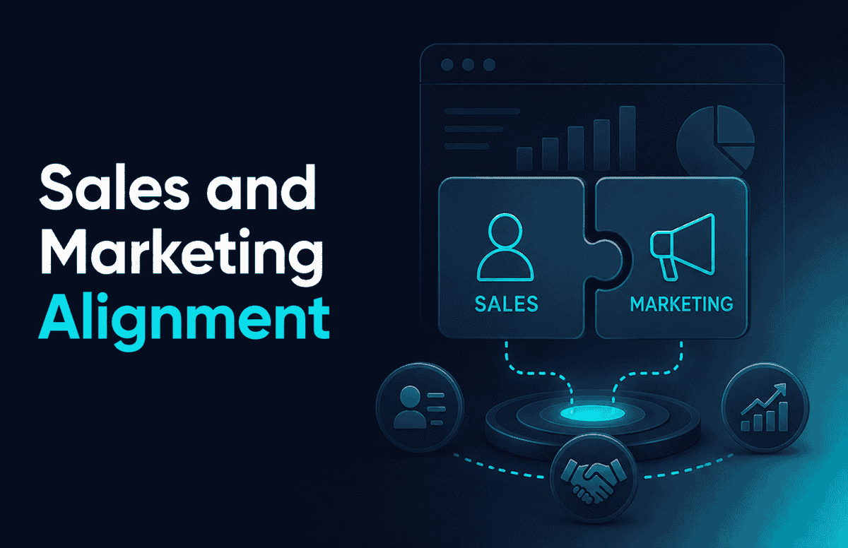 Sales and marketing alignment illustration featuring connected puzzle pieces, sales and marketing icons, performance dashboards, a handshake symbol, and growth charts on a dark blue background, representing collaboration, lead management, and revenue growth
