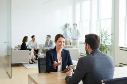 Recruiter smiling during a job interview with a candidate, while qualified applicants wait in a bright modern office